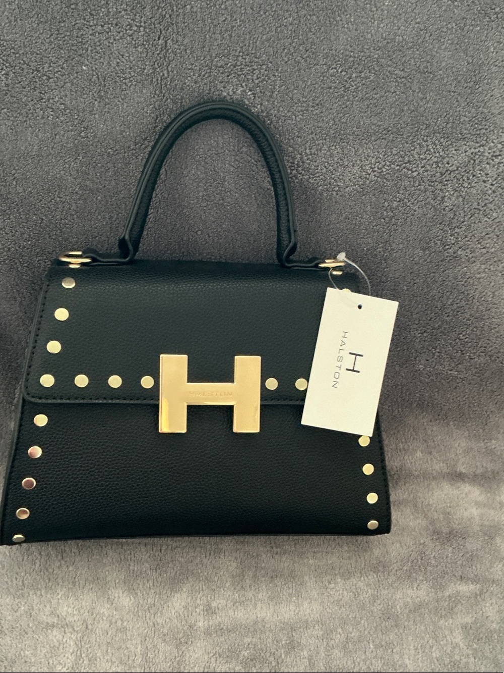 NWT Halston Heritage Black Vegan Leather Top-Handle Satchel with Gold H Clasp